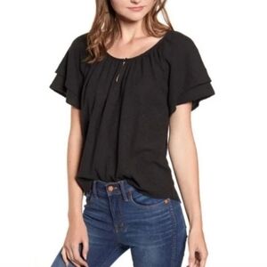 Madewell Texture and Thread Tiered Sleeve Black Top Size Small